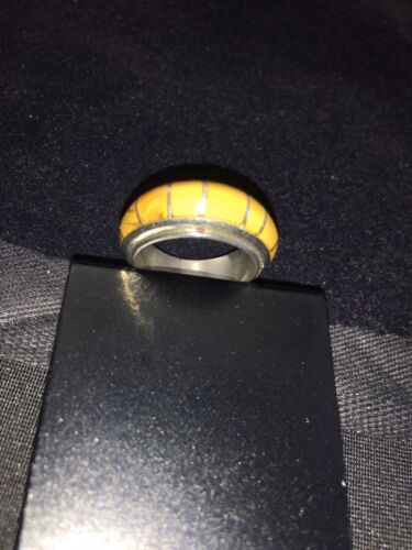 Navajo Women's Yellow Gold Turquoise Inlay Ring | Sterling Silver | Sz 6.5 | 01813