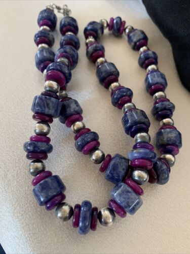 Men's Navajo | Denim Lapis Sugilite Beads Necklace | Sterling Silver | Authentic Native American Handmade | 20" | 10182