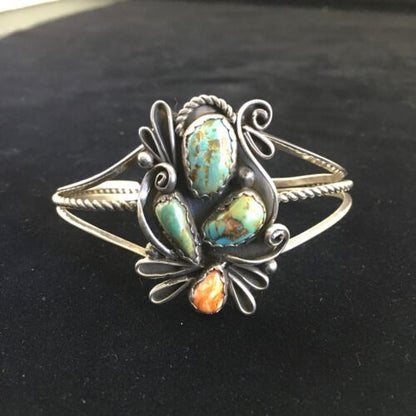 Navajo Native American Bracelet | Sterling Silver | Spiny Oyster Green Turquoise | 10113