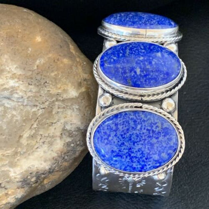 Native American Men's Navajo Blue Denim Lapis Cuff Bracelet | Sterling Silver | 12234