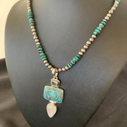 Navajo Pearls Sterling Silver Blue Mojave Turquoise Necklace Pendant | Multi-Stone | 11820