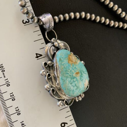 Women's Navajo Pearls Necklace with Green Royston Turquoise Pendant | Sterling Silver | 12291
