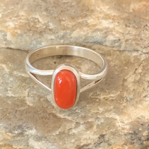 Native American Womens Navajo Sterling Silver Red Coral Ring Sz 10 10371