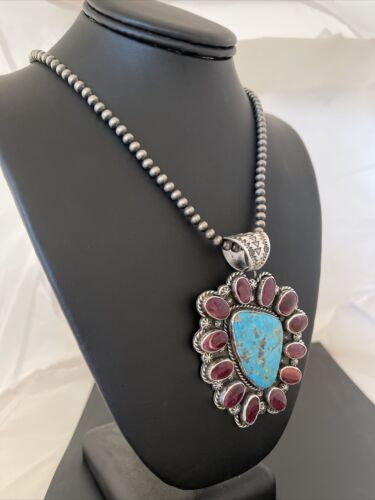 Navajo Purple Spiny Oyster & Turquoise Pendant Necklace | Sterling Silver | Authentic Native American Handmade | 1117