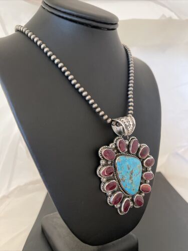 Navajo Purple Spiny Oyster & Turquoise Pendant Necklace | Sterling Silver | Authentic Native American Handmade | 01117