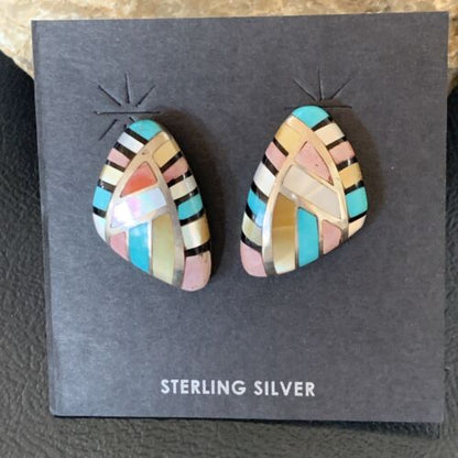 Navajo Mother of Pearl & Onyx Inlay Post Stud Earrings | Sterling Silver | Authentic Native American Handmade | 3746