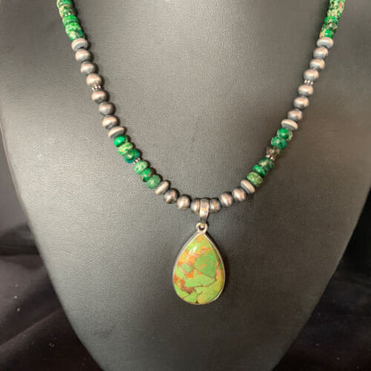 Navajo Green Mojave Turquoise Pendant Necklace | Sterling Silver | Native American Handmade | 13467