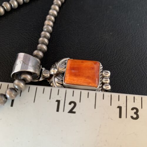 Navajo Red Spiny Oyster Square Pendant Necklace | Sterling Silver | Authentic Native American Handmade | 13636