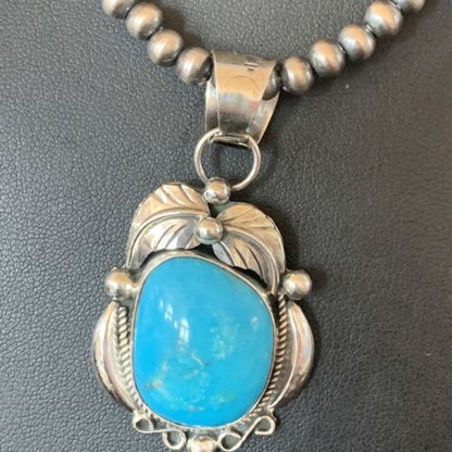 Men's Navajo Pearls Necklace with Blue Kingman Turquoise Pendant | Sterling Silver | Native American Handmade | 12593