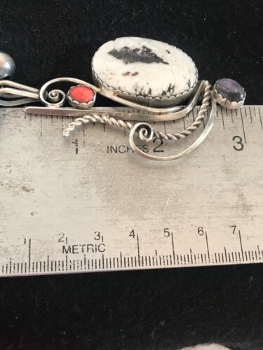 Navajo White Turquoise & Spiny Oyster Pendant Necklace | Authentic Native American Sterling Silver | Multi-Stone | 8645