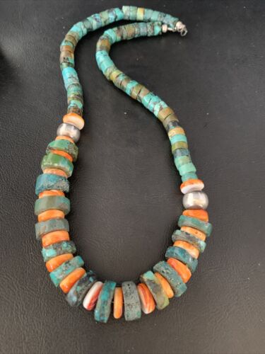 Men's XL Turquoise Heishi & Spiny Oyster Bead Necklace | Sterling Silver | 23" | Authentic Native American | 13977