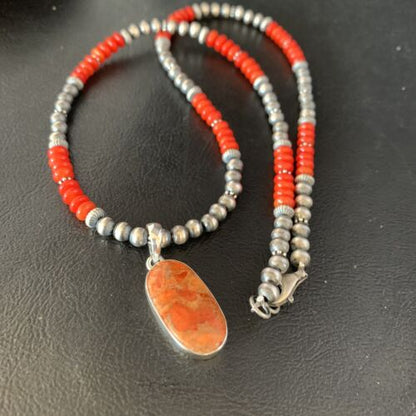 Navajo Red Apple Coral Necklace Pendant Naja | Sterling Silver | Authentic Native American Handmade | 13932