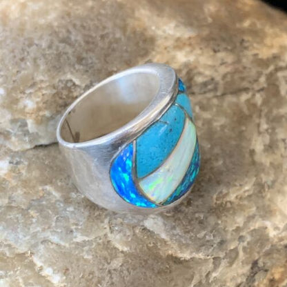 Navajo Blue Turquoise Opal Inlay Band | Sz 5 | Authentic Native American Handmade Men's Pinky Ring | 12858