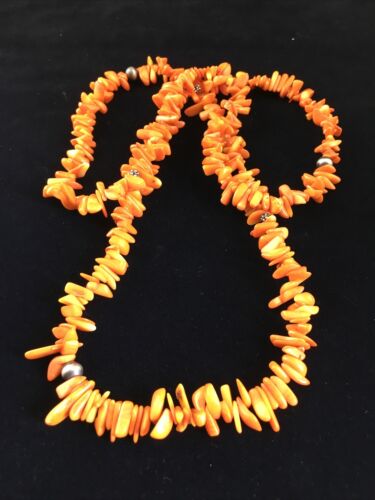 Navajo Orange Coral Necklace | Sterling Silver | 36" | Authentic Native American Handmade | 10044
