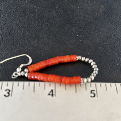 Southwestern Red Coral Dangle Earrings | Sterling Silver Heishi Bead | 2" | 14426