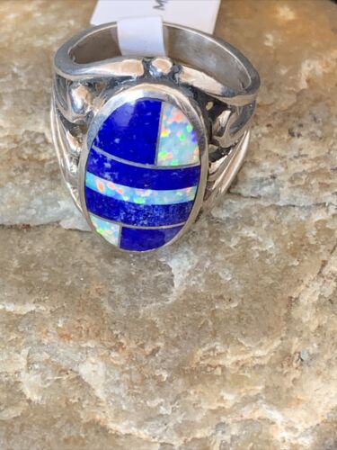 Southwestern Navajo Lapis & Opal Inlay Ring | Sterling Silver | Sz 7.5 | 1486