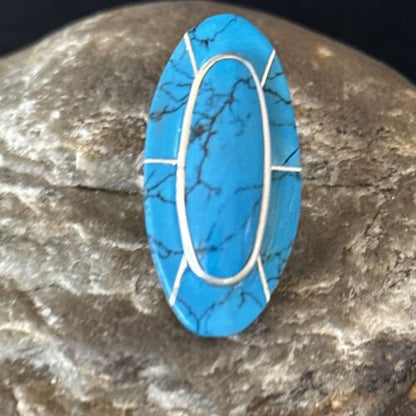 Navajo Blue Turquoise Inlay Band Ring | Sz 7 | Authentic Native American Handmade | 14513 - Masha USA