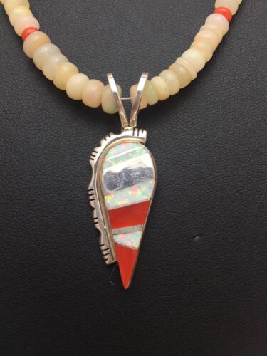 Native American Opal & Coral Beads Inlay Necklace | Sterling Silver | 8911