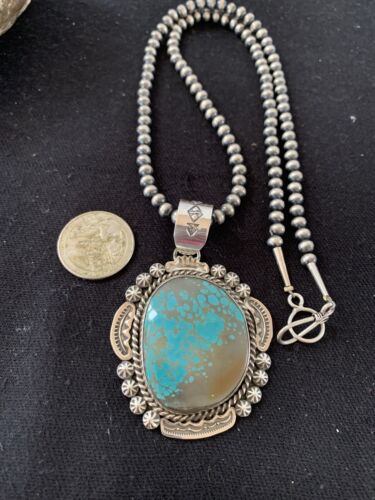 Men's Navajo Pearls Necklace Pendant | Sterling Silver | Blue Turquoise #8 | Authentic Native American Handmade | 528