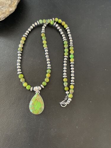 Navajo Pearl Necklace with Green Mojave Turquoise Pendant | Sterling Silver | Authentic Native American Handmade | 10312