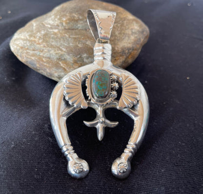 Navajo Pearls Sterling Silver Bisbee Turquoise Naja Pendant Necklace | Authentic Native American Handmade | 01058
