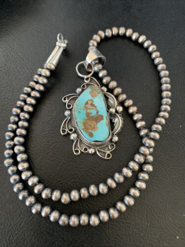 Men's Navajo Blue Dry Creek Turquoise Pendant | Sterling Silver | Pearl Necklace | Native American | 12973