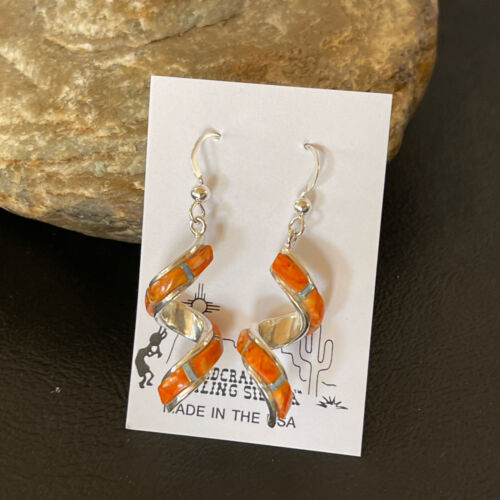 Navajo Snake Swirl Earrings | Orange Spiny Opal Inlay | Sterling Silver | 1.25" | Authentic Native American Handmade | 1549