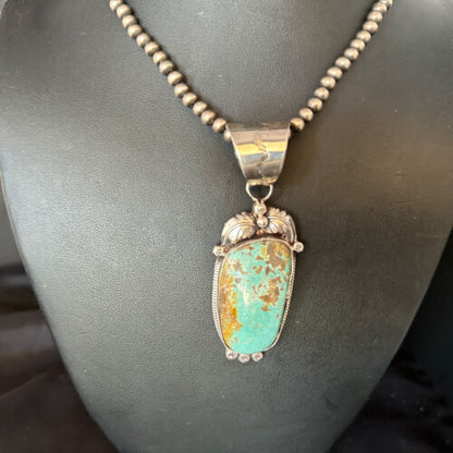Navajo Pearls Sterling Silver Necklace with Blue Turquoise #8 Pendant | Authentic Native American Handmade | 14809