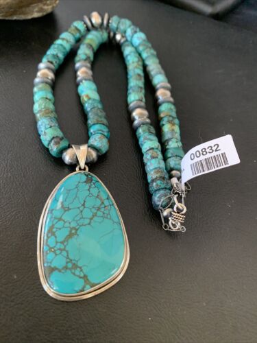Navajo Pearls Spiderweb Beads Turquoise Necklace Pendant | Sterling Silver | Authentic Native American Handmade | 832