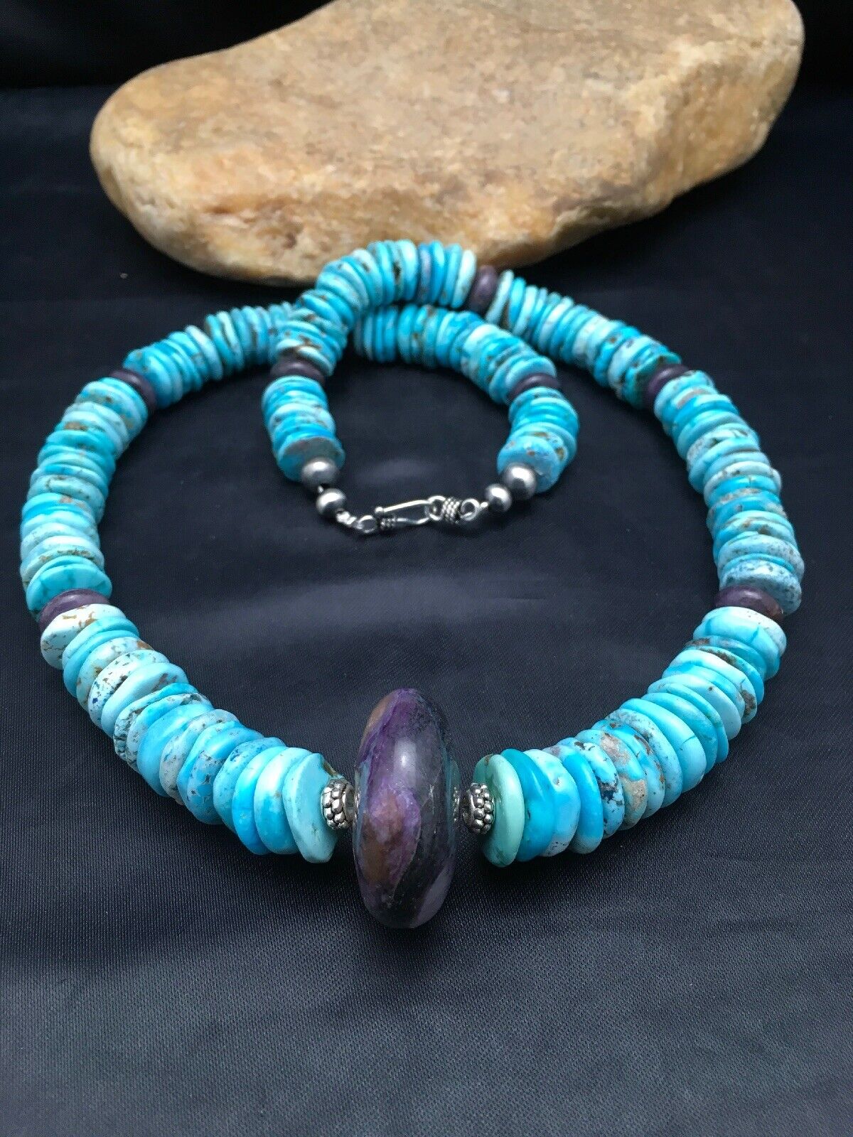 Navajo Sugilite & Turquoise Pendant Necklace | Sterling Silver | Authentic Native American Handmade | 21" | 3086