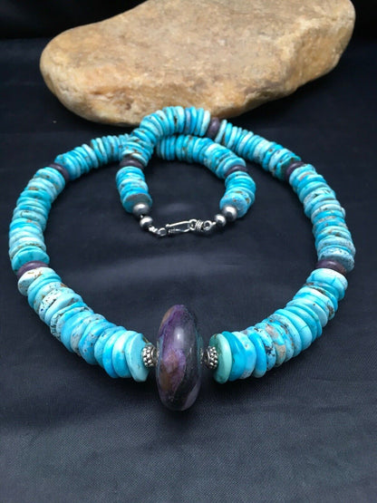 Navajo Sugilite & Turquoise Pendant Necklace | Sterling Silver | Authentic Native American Handmade | 21" | 3086