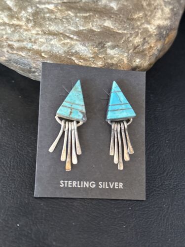 Navajo Blue Turquoise Inlay Earrings | Sterling Silver | 1" | Authentic Native American Handmade | 14774