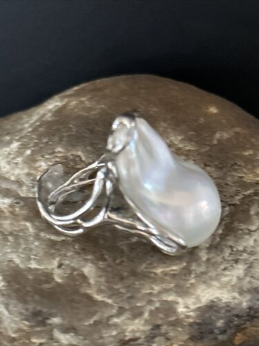 Women's White Baroque Pearl Adjustable Ring | Sterling Silver | Sz 7.5 | 14261