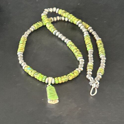 Navajo Green Turquoise Necklace Pendant | Sterling Silver | 22" | Authentic Native American Handmade | 14605