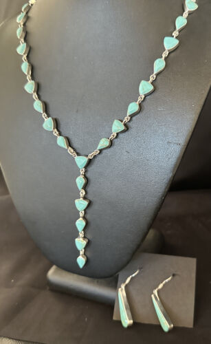 Navajo Kingman Turquoise Lariat Necklace & Earrings Set | Sterling Silver | 24" Necklace | Authentic Native American Handmade | 14646
