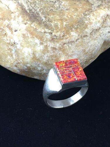 Native American Navajo Red Opal Inlay Ring | Sterling Silver | Sz 9.75 | 10106
