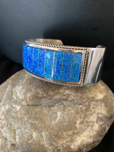 Zuni Blue Faux Opal Inlay Cuff Bracelet | Sterling Silver | Authentic Native American Handmade | 01024