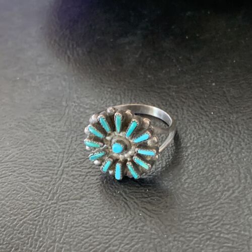 Zuni Blue Turquoise Multi-Stone Cluster Ring | Authentic Native American Sterling Silver Needle Point | Sz 7 | 10741