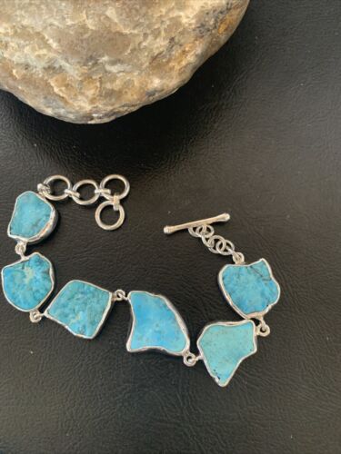 Navajo Blue Kingman Turquoise Rough Link Bracelet | Sterling Silver | 8" | 11651