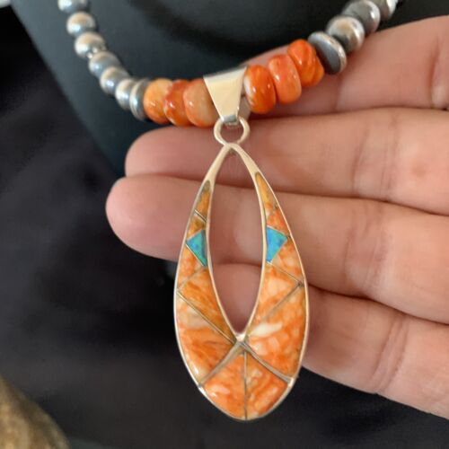 Navajo Pearls Sterling Silver Necklace | Orange Spiny Oyster Inlay Pendant | Authentic Native American Handmade | 11318