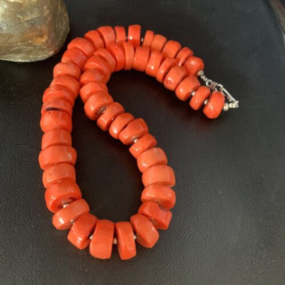 Navajo Orange Bamboo Coral Bead Necklace | 16mm | Sterling Silver | 17" | Authentic Native American Handmade | 13524