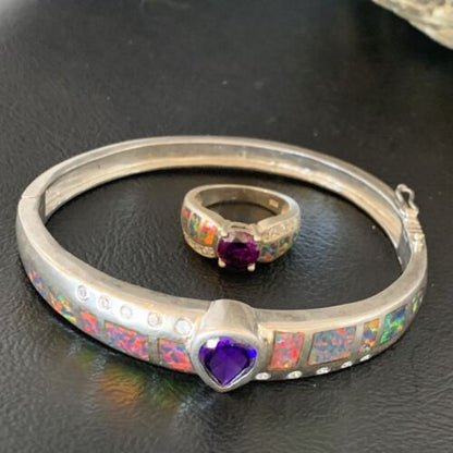Navajo Sterling Silver Bracelet with Opal and Amethyst | 7" | Ring Sz 6 | Native American Handmade | 13120