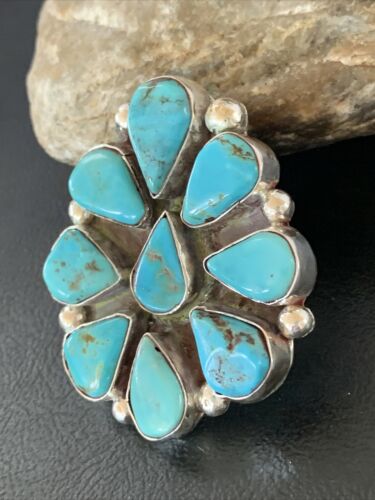 Navajo Blue Turquoise Multi-Stone Cluster Ring | Authentic Native American Sterling Silver | Sz 10 | 02191