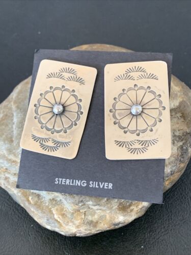 Women's Navajo Sterling Silver Stamped Earrings | 1.5" | Authentic Native American Handmade | 1664