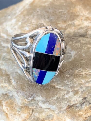 Navajo Turquoise, Lapis & Opal Inlay Ring | Sterling Silver | Sz 11.5 | Authentic Native American | 1487