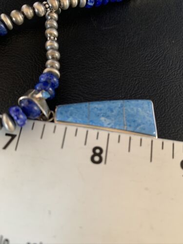 Navajo Blue Denim Lapis Necklace with Inlay Pendant | Sterling Silver | Authentic Native American Handmade | 13490