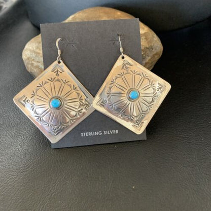 Navajo Blue Turquoise Earrings | Stamped Sterling Silver | Authentic Native American Handmade | 13321