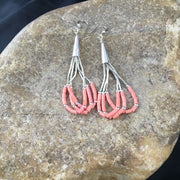 Native American Liquid Silver Heishi Dangle Earrings | Pink Coral | Sterling Silver | 2" | 2029