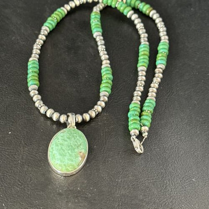 Navajo Green Turquoise Pendant Necklace | Sterling Silver | 21" | Authentic Native American Handmade | 14471