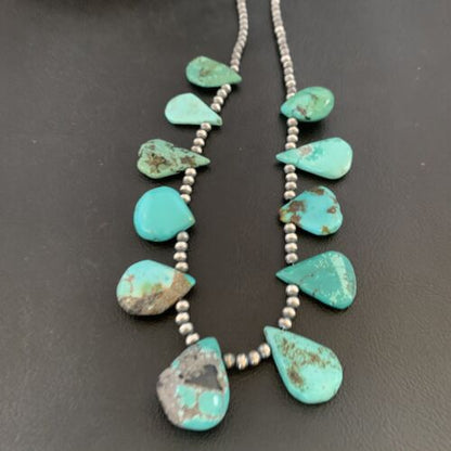 Southwestern Navajo Pearls Necklace | Sterling Silver Blue Turquoise Teardrop | 13149